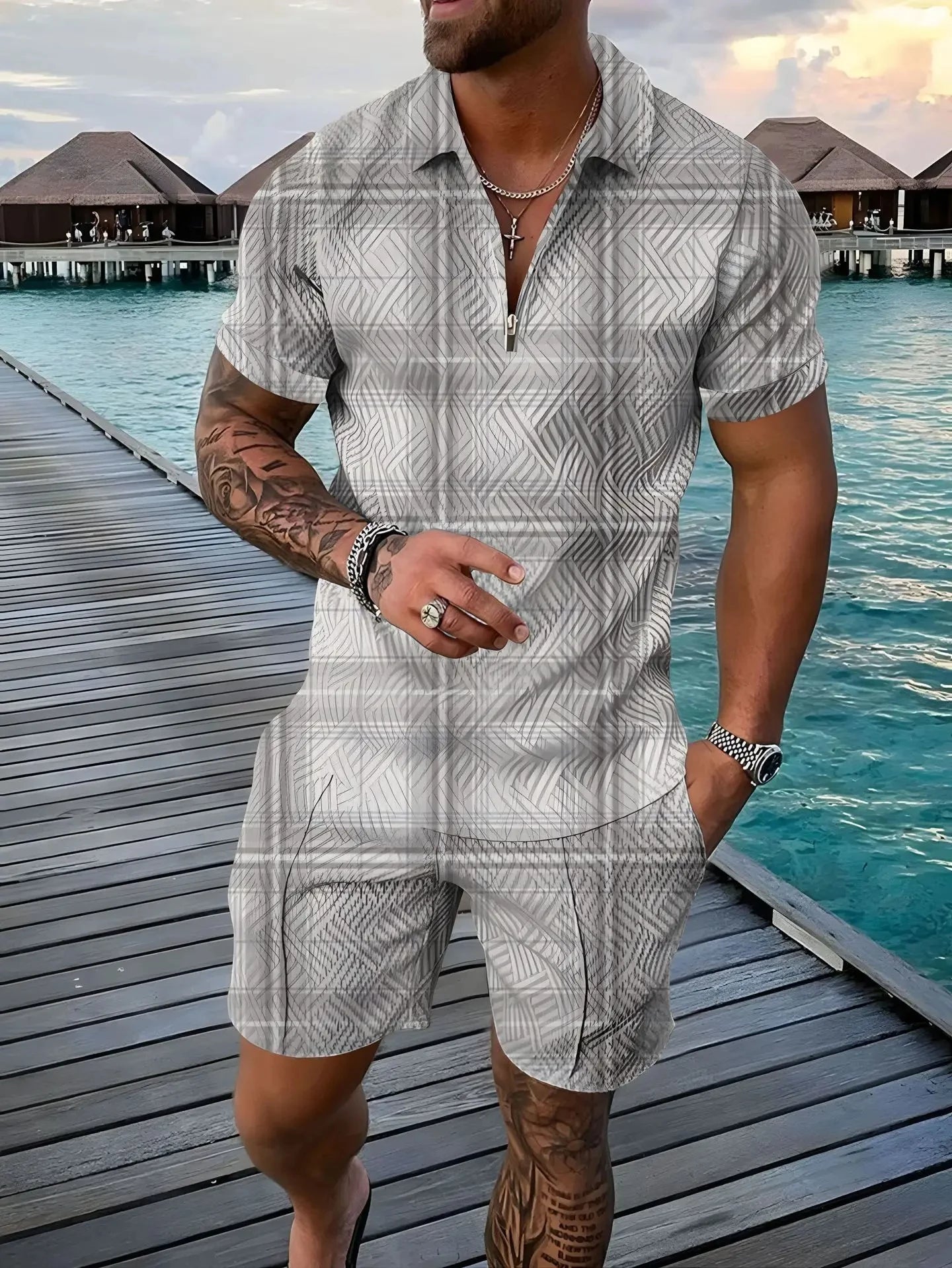 Completo estivo vintage casual a righe con stampa 3D, composto da polo, polo con cerniera e colletto, pantaloncini con cerniera, stile vacanze hawaiane da uomo.