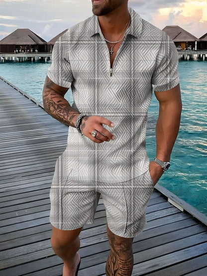 Completo estivo vintage casual a righe con stampa 3D, composto da polo, polo con cerniera e colletto, pantaloncini con cerniera, stile vacanze hawaiane da uomo.