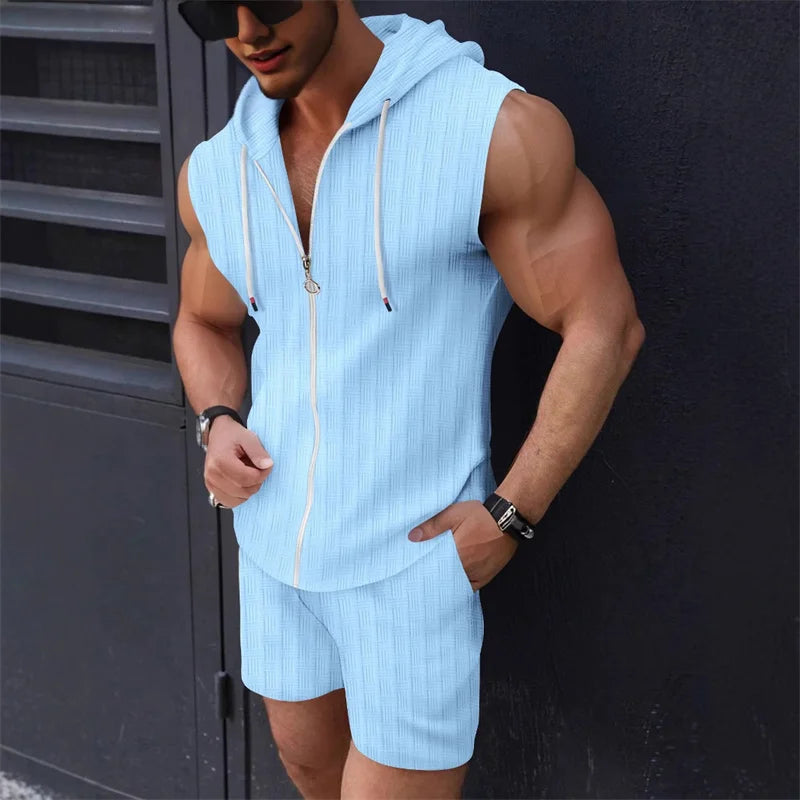 5 colori disponibili per completo da uomo con cappuccio, senza maniche, cerniera, a quadri, slim, alla moda, casual, sportivo, gilet, pantaloncini, set due pezzi, top trendy