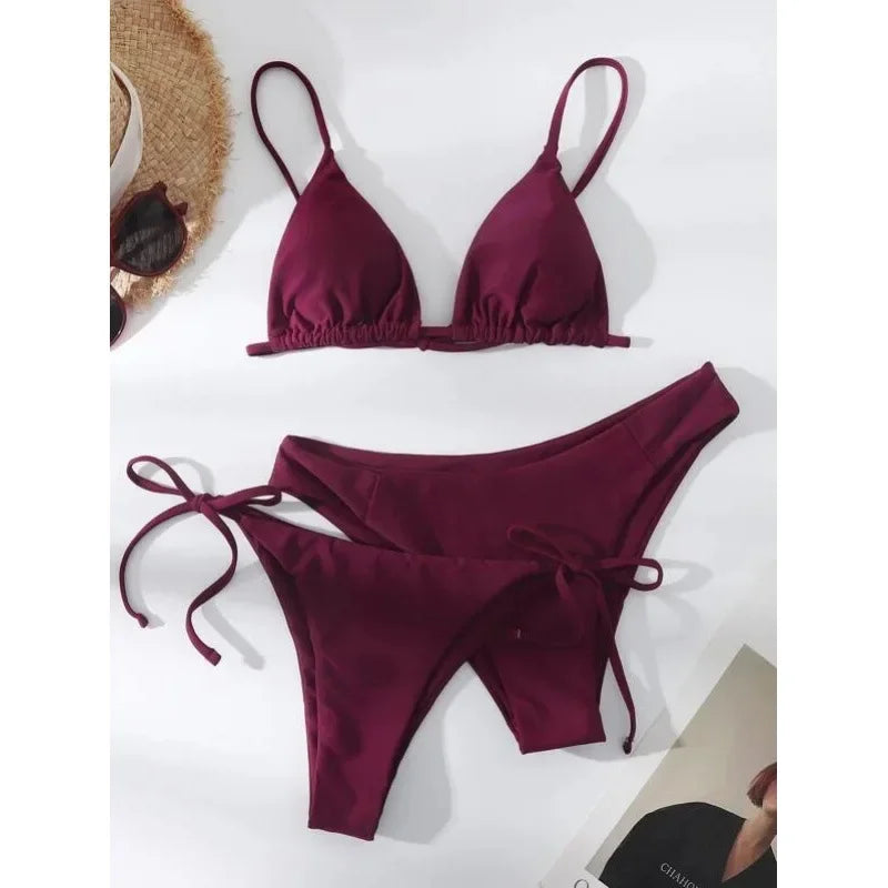 Sexy set bikini a 3 pezzi da donna, tinta unita blu e viola, push-up, a triangolo, costume da bagno brasiliano da spiaggia, costume da bagno bikini