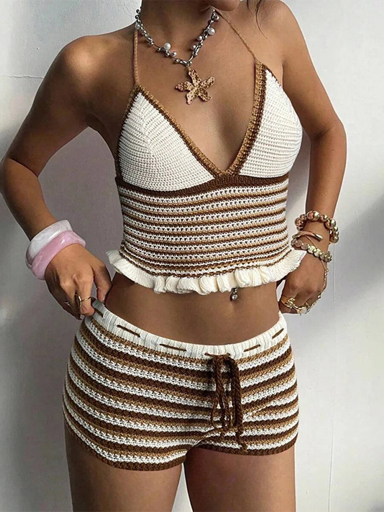 Completo da spiaggia sexy da donna in maglia, senza schienale, scollo a V profondo, senza maniche, top corto, pantaloncini, completo estivo da donna a righe, 2026