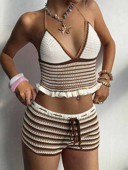 Sexy Knitted Beach Women Set Backless Deep V-neck Sleeveless Crop Top Shorts Suit 2026 Summer Holiday Stripe Lady Mini Pant Sets