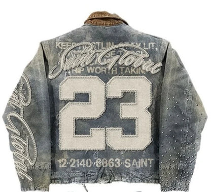 Giacca in denim lavato stile streetwear Y2K, abbigliamento uomo e donna, hip hop, toppa grafica con lettere, ricamo, giacca blu oversize, cappotto casual