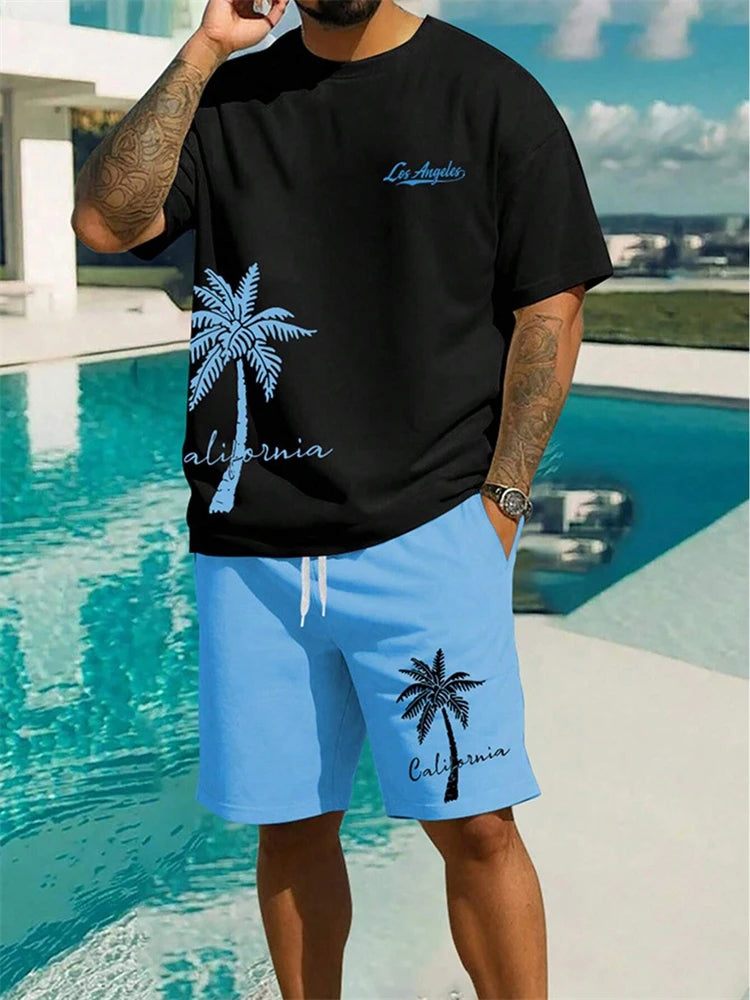 Completo da uomo estivo alla moda con stampa hawaiana di cocco 2024, composto da t-shirt, pantaloncini e tuta sportiva traspirante a due pezzi con stampa 3D a maniche corte.