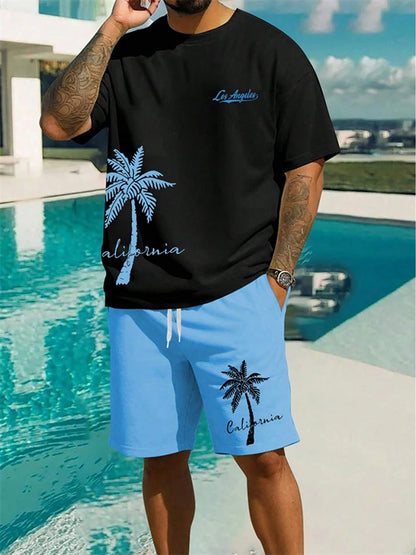 Completo da uomo estivo alla moda con stampa hawaiana di cocco 2024, composto da t-shirt, pantaloncini e tuta sportiva traspirante a due pezzi con stampa 3D a maniche corte.