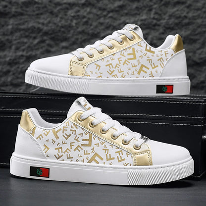 Sneakers casual da uomo, scarpe punk dorate con tomaia in microfibra e pelle, scarpe sportive con plateau rialzato.