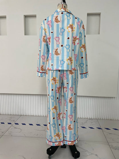 Set da notte da donna Hirigin in 2 pezzi con motivo stampato, manica lunga, pantaloni larghi e camicia da notte per l'autunno e l'inverno