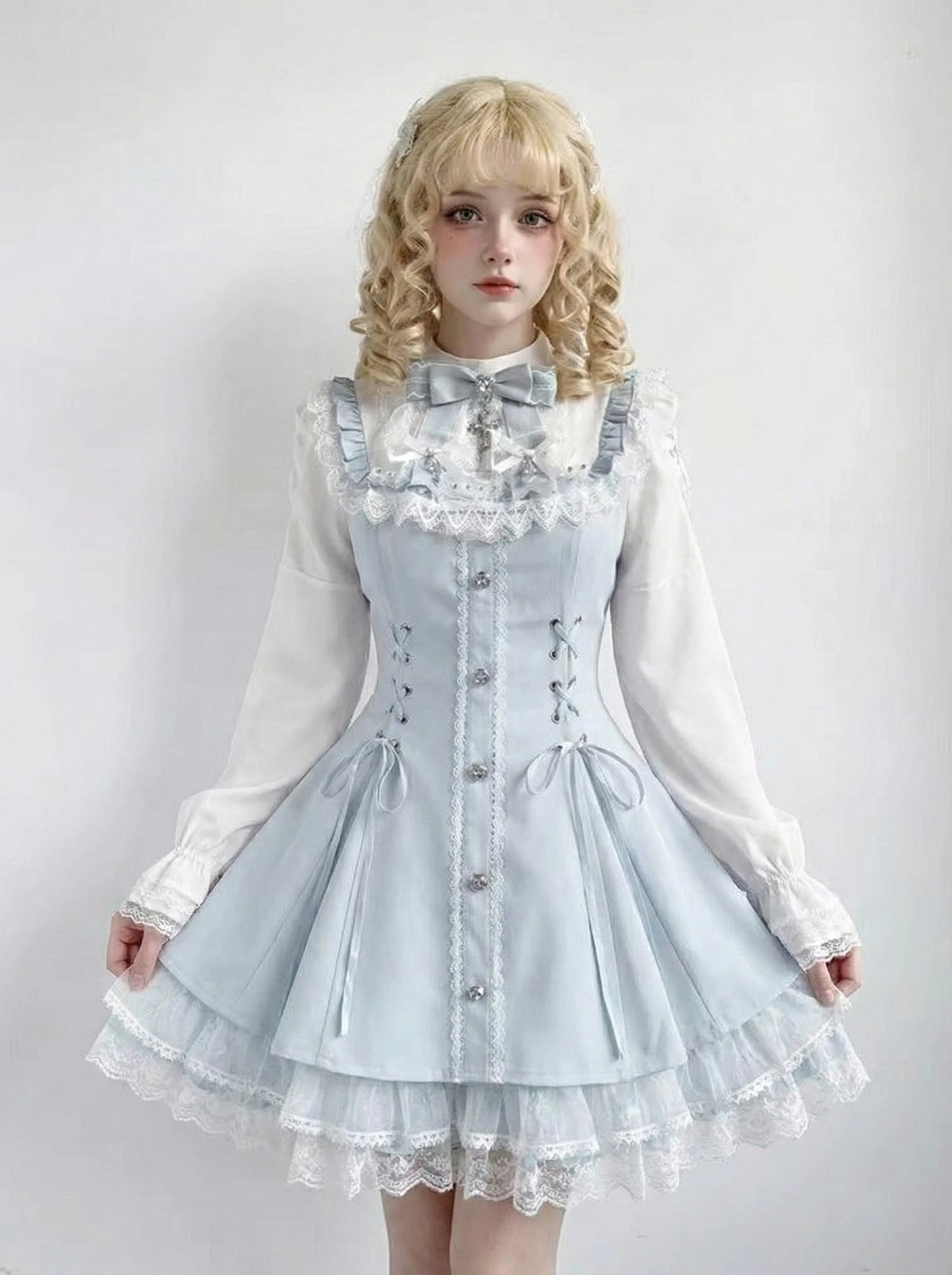 Set di abiti con fiocco in stile giapponese dolce, pantaloncini, abiti da donna a maniche lunghe e camicia a quadri, stile Kawaii Lolita, Y2k