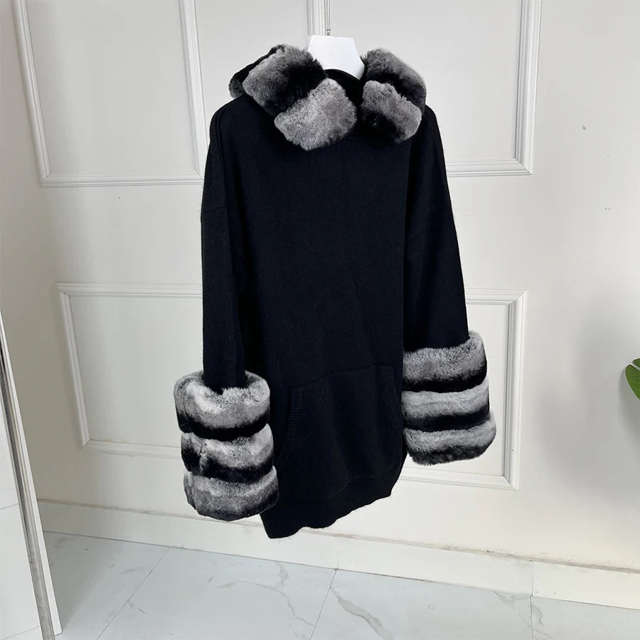 Maglione in cashmere da donna con polsini in vera pelliccia di coniglio, abito invernale caldo in lana, maglione di lusso in pelliccia di coniglio naturale