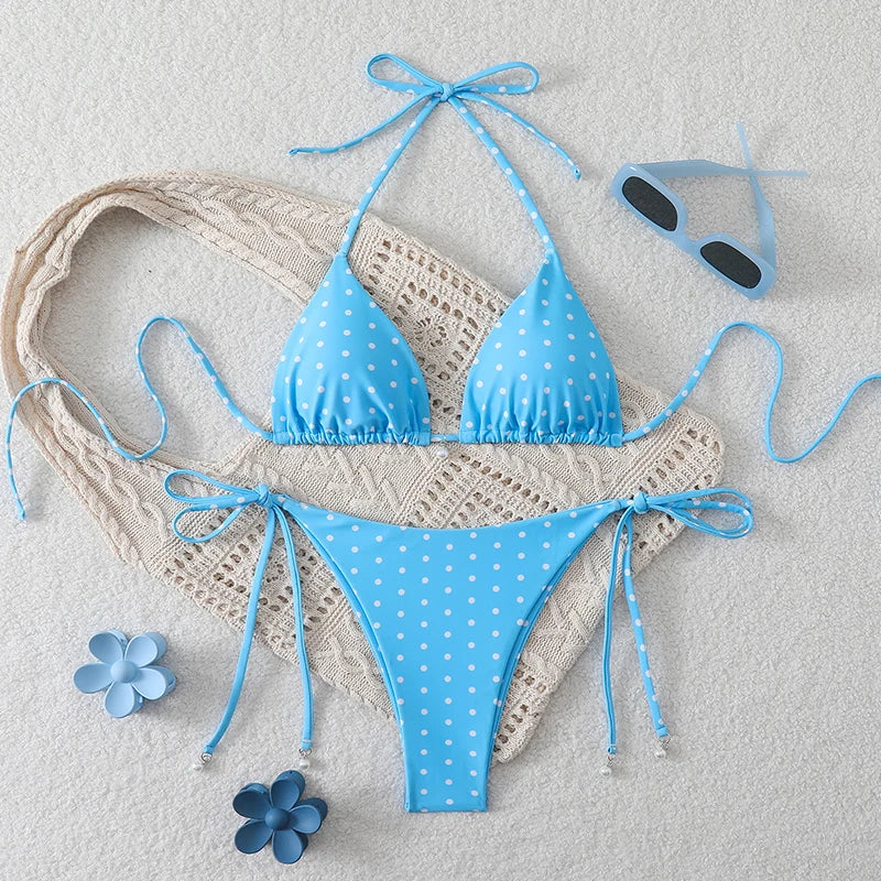 Set di micro bikini sexy con stampa a pois e perle, costume da bagno 2026, abbigliamento da spiaggia per donna, bikini estivo da spiaggia, costume da bagno a due pezzi