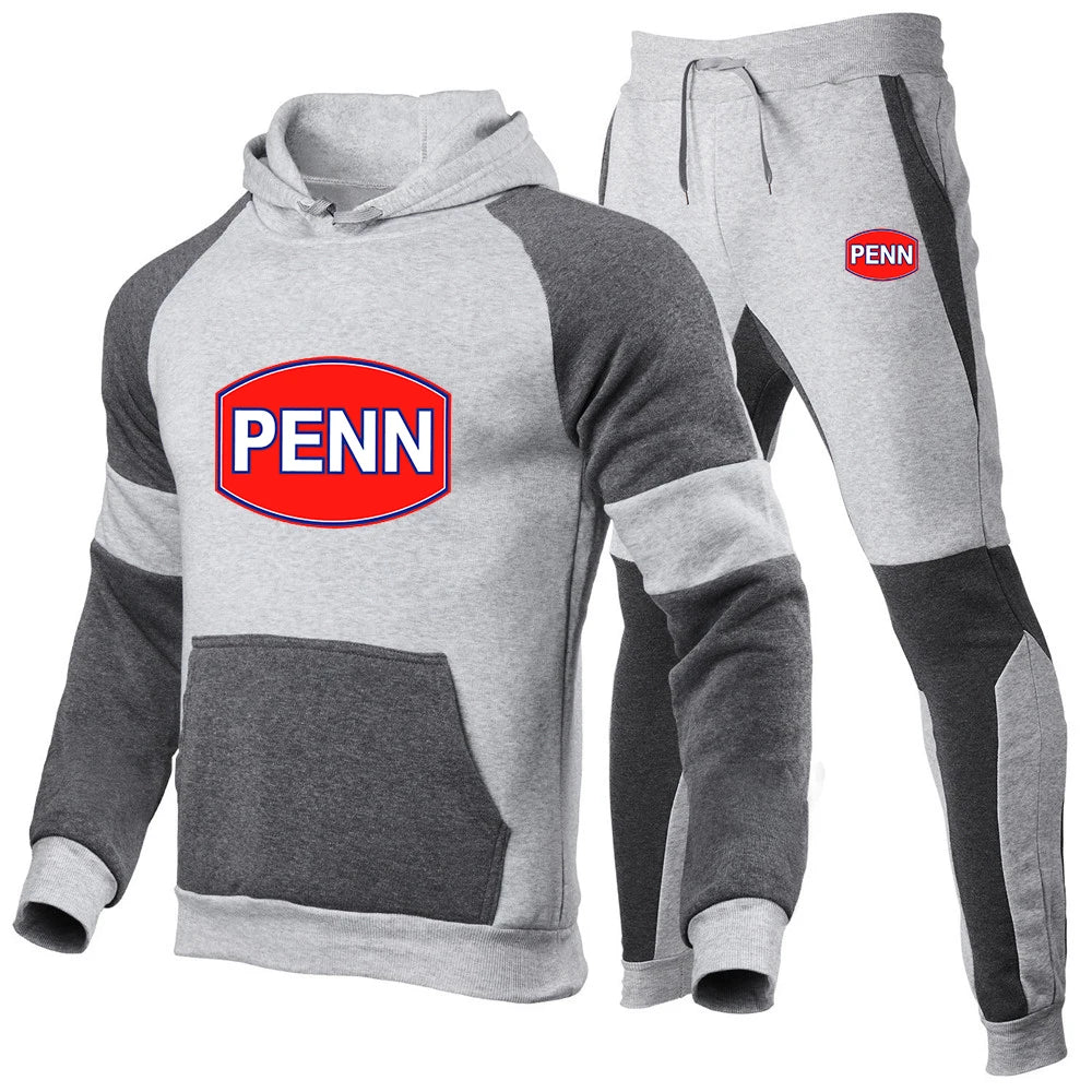 Penn Fishing Reel 2023 Men New Sets Spring and Autumn Brand Popular Print Fashion Color Matching Hoodie + Pants Two-piece Set