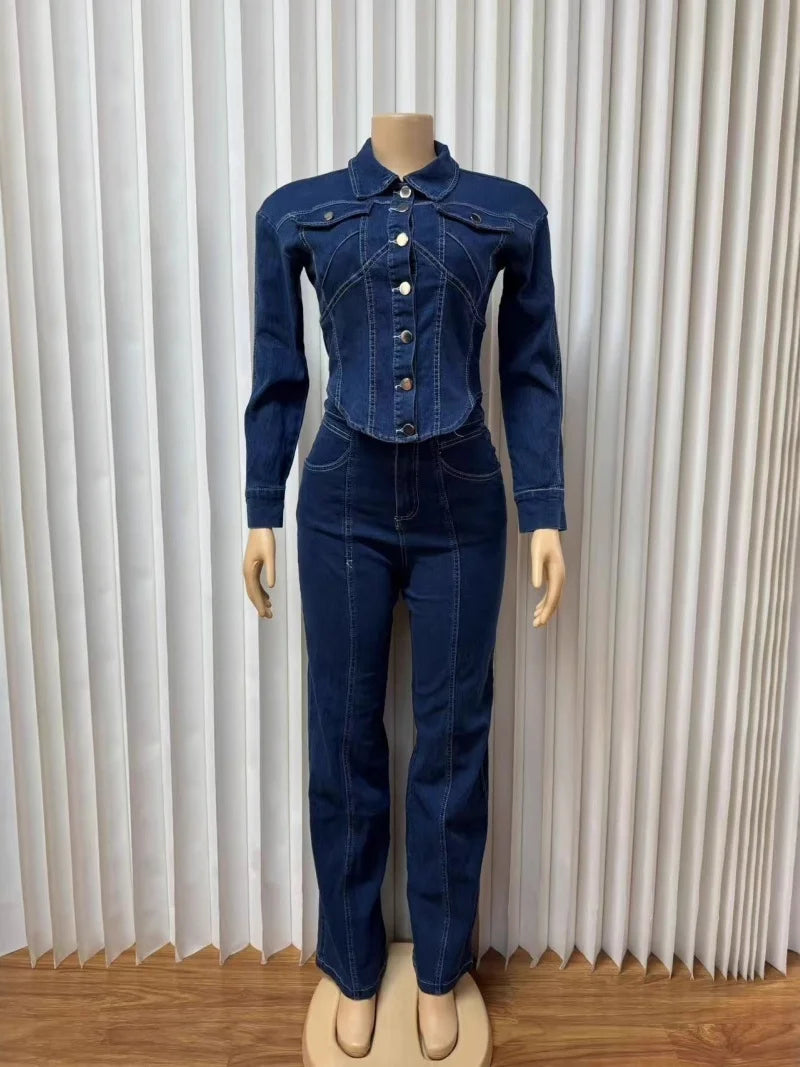 Streetwear Denim 2 pezzi Set da donna Outfit Abbigliamento autunnale Donna Jeans Camicia Top e jeans dritti Pantaloni Set Tute casual