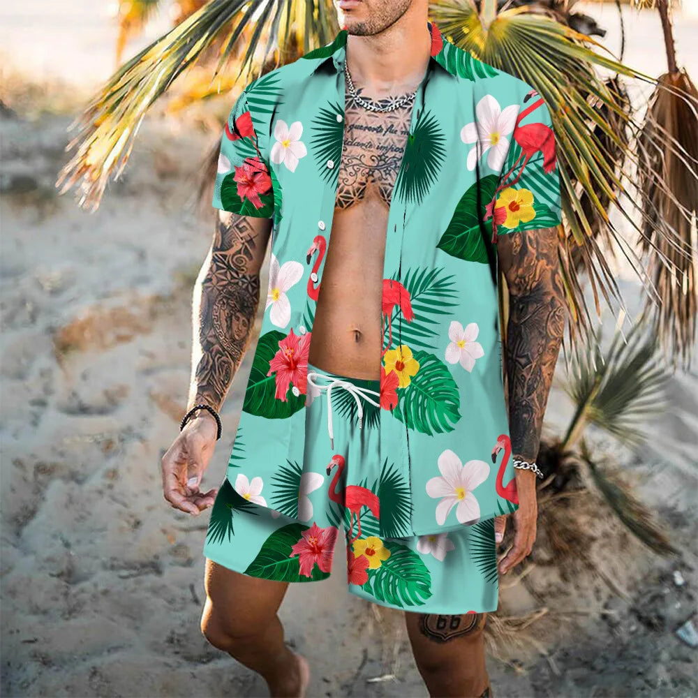 Completo da spiaggia hawaiano da uomo, 2 pezzi: camicia con stampa 3D, maniche corte, pantaloncini da spiaggia, camicia casual, set due pezzi alla moda per le vacanze.