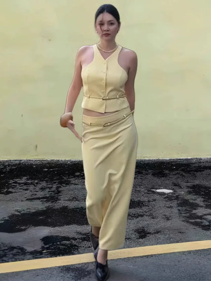 Completo da donna alla moda, top monopetto con cintura, senza maniche, scollo a V giallo + cintura con tasca a vita alta, gonne lunghe, set estivo da donna JHX6