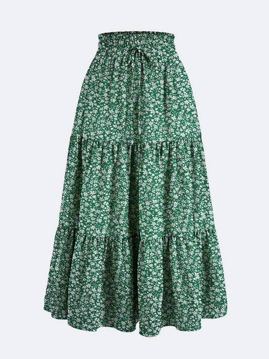 Women's Summer Floral Midi Skirt A-Line Half Skirt with Elastic Waistband Elegant and Flowy