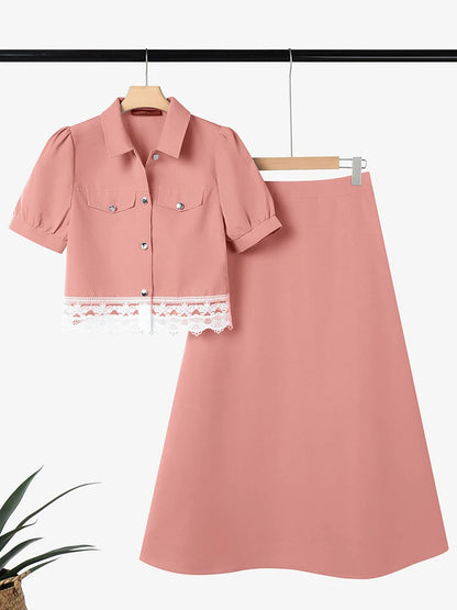ZANZEA Elegante abito in pizzo da donna, completo con camicie a maniche corte e gonne lunghe, casual, 2 pezzi, stile coreano, stile streetwear, 2 pezzi