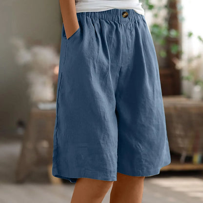 Female Fashion Solid Color Elastic High Waist Pocket Button Up Loose Cotton Linen Five Length Shorts Summer Soft Comfort Pants
