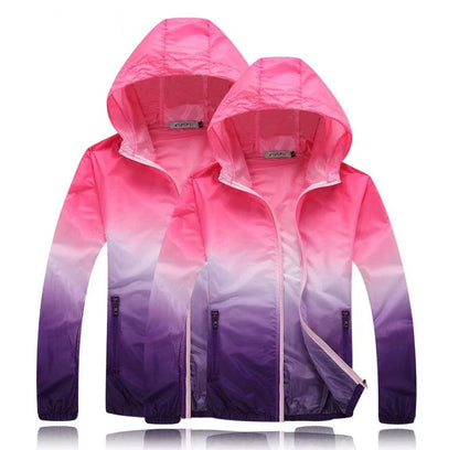 Giacca da campeggio ultra sottile e ultra leggera per uomo, donna, bambini e ragazzi, trasparente, anti-UV, ad asciugatura rapida, giacca a vento con colori sfumati.
