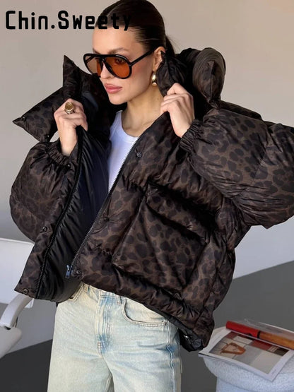 Casual Leopard Print Hooded Puffer Jacket Women Stand Collar Zipper Short Puffy Coat 2025 Winter Lady Street Warm Outerwears New