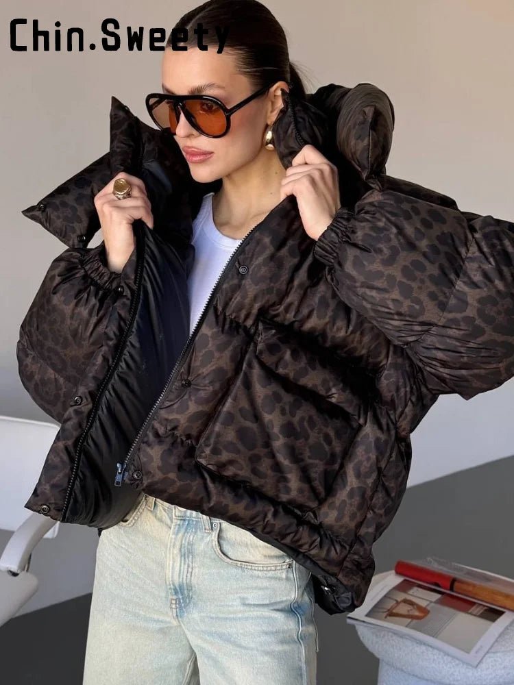 Casual Leopard Print Hooded Puffer Jacket Women Stand Collar Zipper Short Puffy Coat 2025 Winter Lady Street Warm Outerwears New