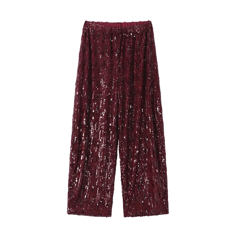 Completo da donna elegante con gilet, pantaloni lunghi, paillettes, patchwork, senza schienale, senza maniche, gamba larga, 2 pezzi