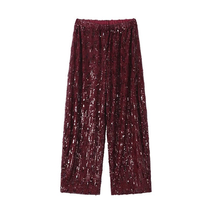Completo da donna elegante con gilet, pantaloni lunghi, paillettes, patchwork, senza schienale, senza maniche, gamba larga, 2 pezzi