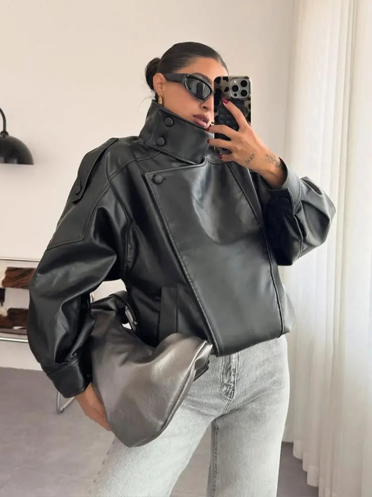 HH 2026 Giacca da donna alla moda in pelle sintetica nera con collo alto, maniche lunghe e cerniera, stile vintage, giacca in pelle sintetica stile streetwear