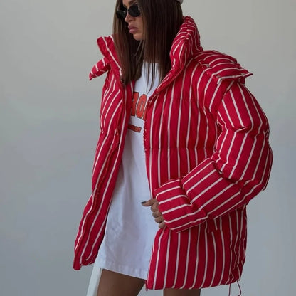 2025 Winter Striped Women's Hooded Quilted Jacket Thicken Zipper Long Sleeve Short Coat New Casual Female Loose Warm Outerwear