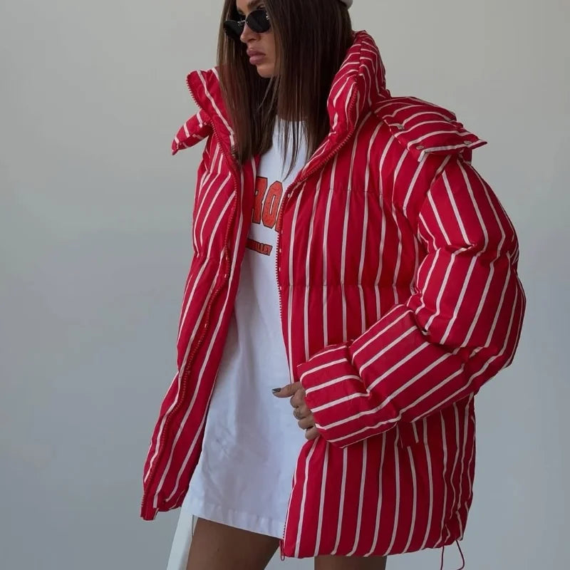 2025 Winter Striped Women's Hooded Quilted Jacket Thicken Zipper Long Sleeve Short Coat New Casual Female Loose Warm Outerwear