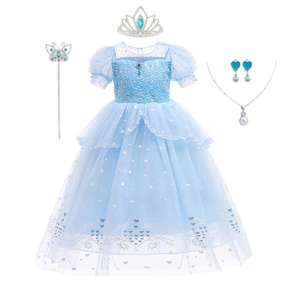 Abito da principessa Elsa per cosplay, blu, in rete con paillettes, per bambina, ideale per feste di compleanno, carnevale e Halloween, adatto a bambini dai 2 ai 10 anni.