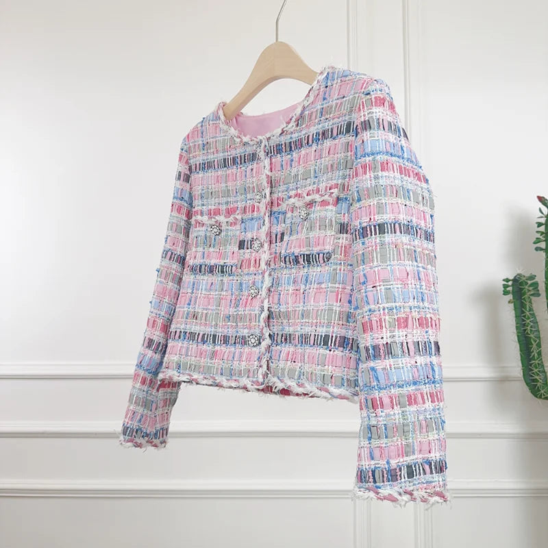 Piccola fragranza Giacca di lusso di alta qualità Donna Moda Dolce Tweed Scollo rotondo Fibbia a diamante Cappotto da ufficio francese da signora