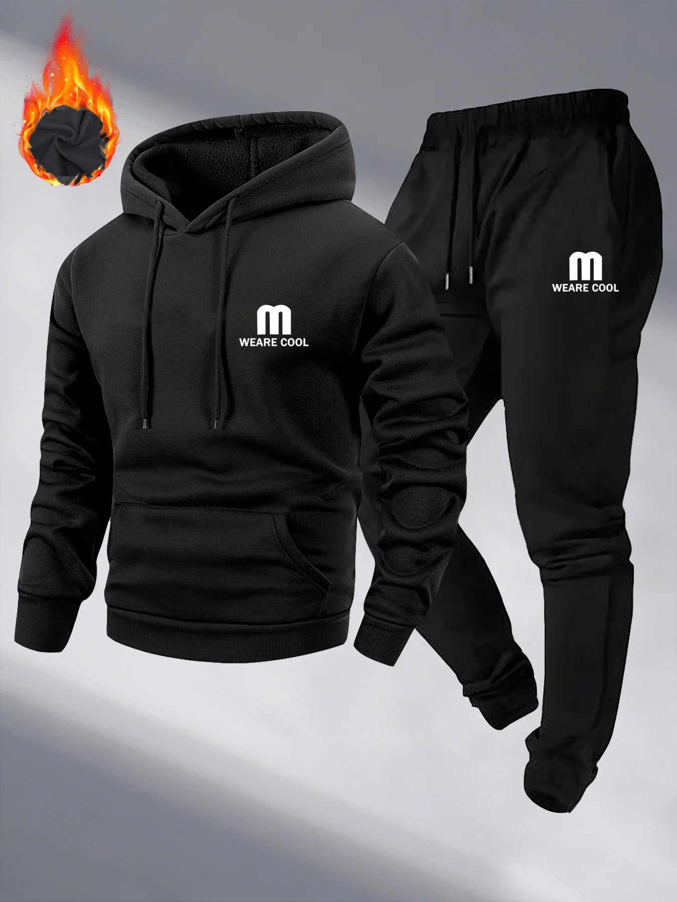 Winter and autumn fleece thickened hooded pullover sweater jacket for men, casual sports outfit, two-piece set for men
