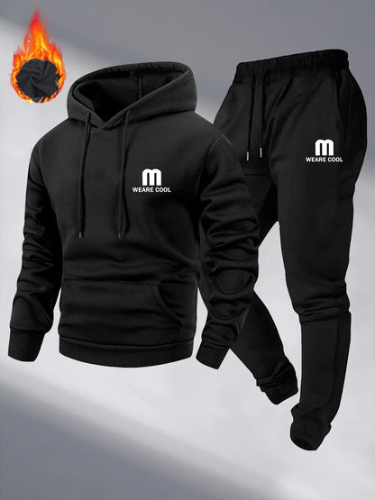 Winter and autumn fleece thickened hooded pullover sweater jacket for men, casual sports outfit, two-piece set for men