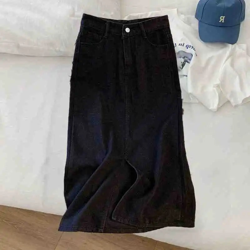 Retro High Waist Midi A- Line Mini Skirt Women's Denim Skirt Spring Fresh Sweet School Style No Stretch Crossbody Skirt