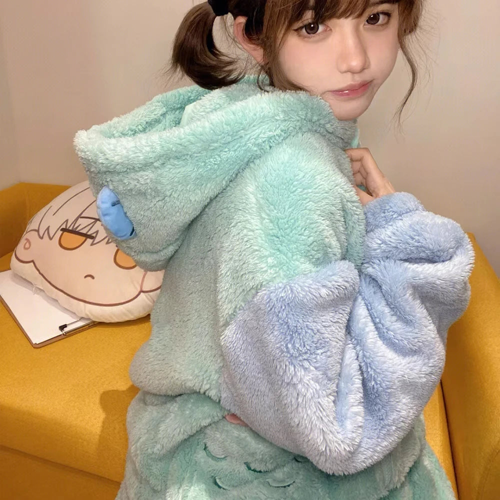 Kawaii Hangyodon Plush Siamese Pajamas Hooded Jumpsuit Pajamas Sanrioed Anime Cartoon Coral Velvet Homewear Thickened Nightgown