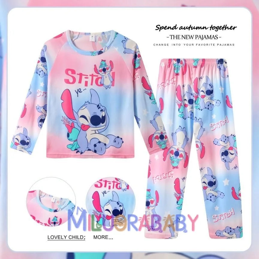 Pigiama per bambini dai 2 ai 14 anni, completo a maniche lunghe per primavera e autunno, set pigiama per bambini con motivo a cartoni animati Stitch, abbigliamento da casa comodo e casual per ragazzi e ragazze.