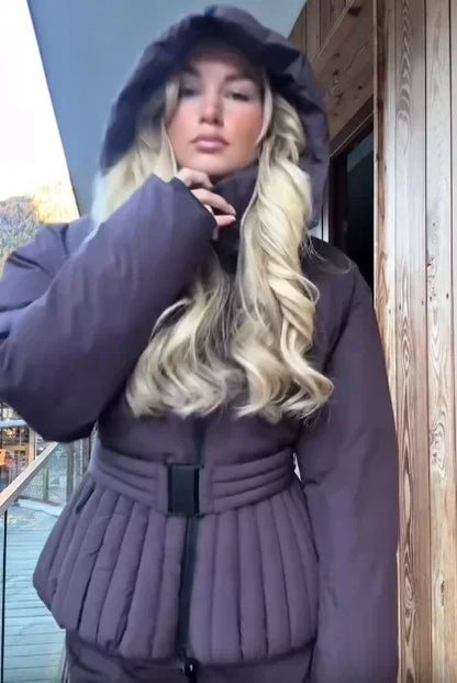 Women Solid Belted Hooded Cotton Coat Casual Full Sleeve Stand Collar Zipper Warm Short Skiwear 2026 Winter Sport Puffer Jacket