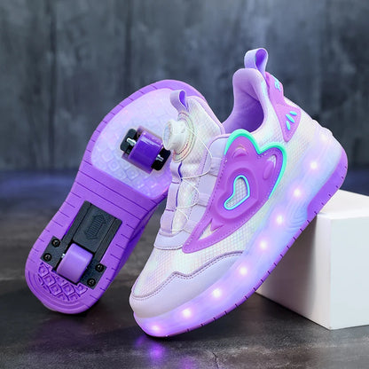 Scarpe da ginnastica luminose per bambine con ruote, tacco rosa con luci LED, pattini a rotelle, scarpe LED per bambini con ricarica USB, alla moda.