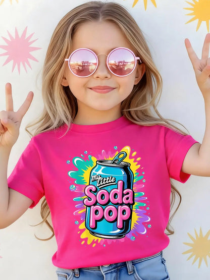 Abbigliamento per bambini Maglietta a maniche corte da bambina 2026 Nuovo stile Stampa motivo bibita gassata 1 pezzo Abbigliamento sportivo casual per bambini Maglietta a maniche corte K-Pop Girl Stampa lattina di cola Abbigliamento versatile per casa