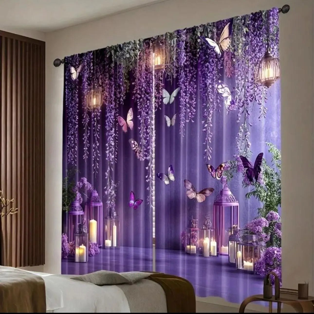 VIKAMA Romantico Tenda con motivo floreale viola e farfalle, drappeggiato con motivo a lanterna e vite, Camera da letto principale, Camera da principessa
