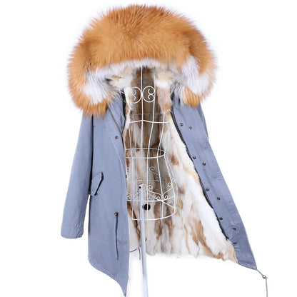 Maomaokong 2022 Giacca invernale da donna Parka lungo Impermeabile Grande pelliccia di volpe naturale vera Collo di pelliccia di procione Cappuccio Fodera in caldo coniglio