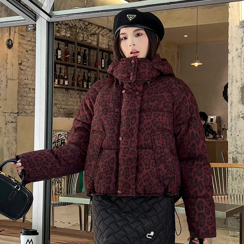 American Retro Short Cotton Jacket Women's Leopard Print Loose Hooded Padded Clothes Fashion Stand Collar Thickened Quilted Coat