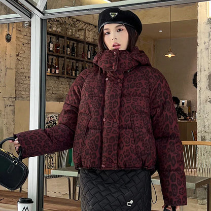 American Retro Short Cotton Jacket Women's Leopard Print Loose Hooded Padded Clothes Fashion Stand Collar Thickened Quilted Coat