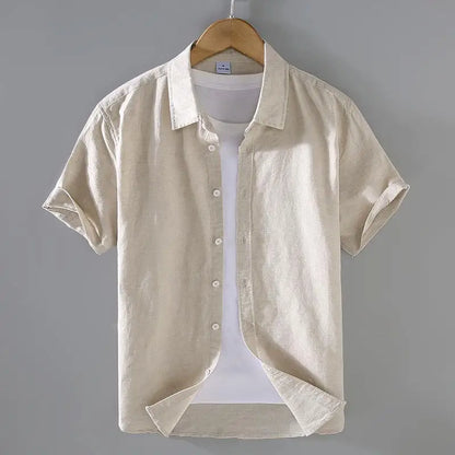 Camicia da uomo in cotone e lino a maniche corte, estiva, stile streetwear, tinta unita, collo alto, casual, stile spiaggia, taglie forti dalla M alla 3XL