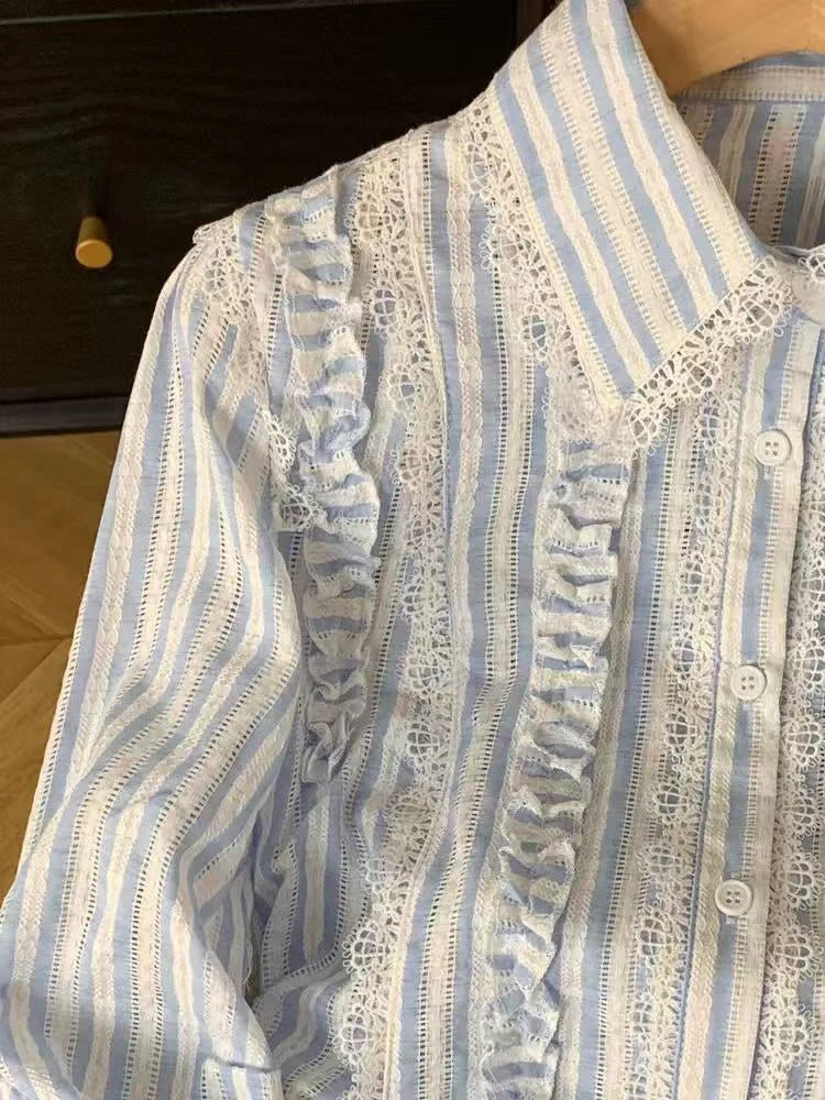 Blue Striped Women Shirts Autumn Korean Sweet Lace Patchwork Long Sleeve Blouse Fashion Single Breasted Slim All Match Top Mujer