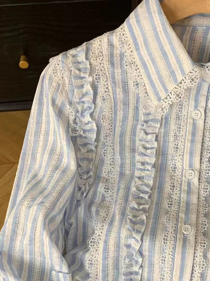 Blue Striped Women Shirts Autumn Korean Sweet Lace Patchwork Long Sleeve Blouse Fashion Single Breasted Slim All Match Top Mujer