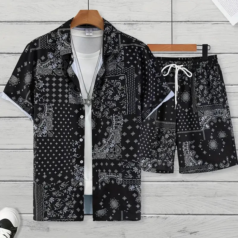 Completo da uomo per vacanze al mare alle Hawaii, composto da camicia a maniche corte e pantaloncini, con stampa paisley, traspirante e alla moda, ideale per feste.