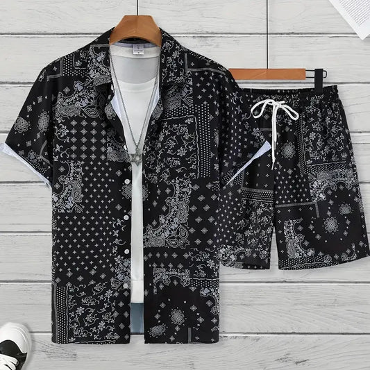 Completo da uomo per vacanze al mare alle Hawaii, composto da camicia a maniche corte e pantaloncini, con stampa paisley, traspirante e alla moda, ideale per feste.