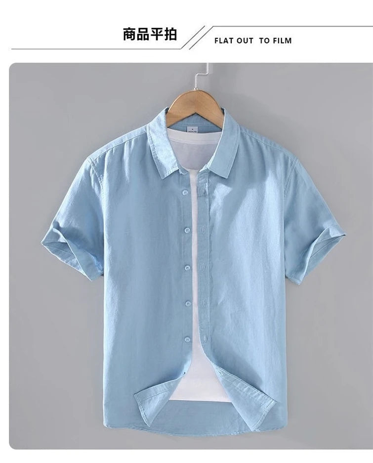 Camicia da uomo in cotone e lino a maniche corte, estiva, stile streetwear, tinta unita, collo alto, casual, stile spiaggia, taglie forti dalla M alla 3XL