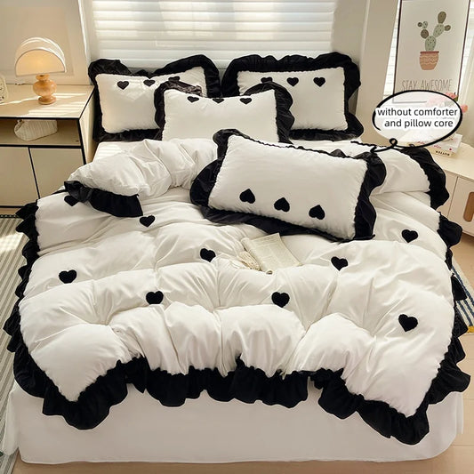 Set di lenzuola da 3 pezzi con copripiumino nero ricamato a cuore, comodo set di biancheria da letto per tutte le stagioni.